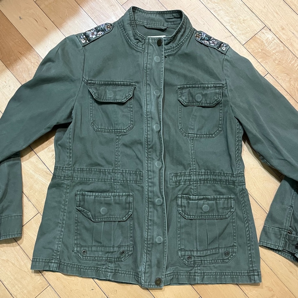Democracy Olive Utility Jacket with Embellished Shoulders Size MED